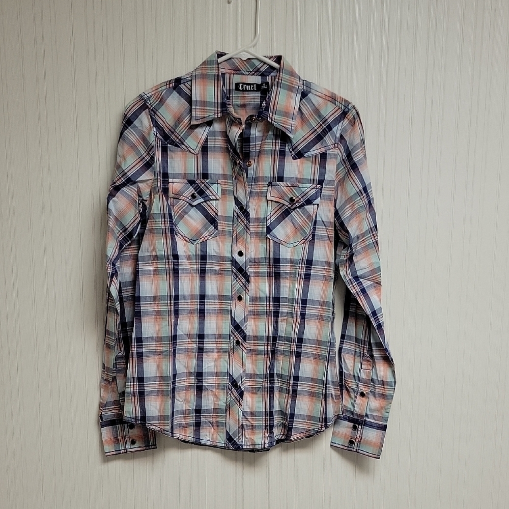 Cruel Plaid Long Sleeve Pearl Snap Shirt, blue green Womens Sz Small.100% Cotton
